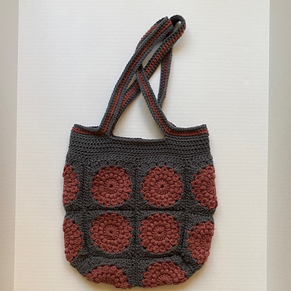 Handmade Granny Square Crochet Tote Bag in Charcoal and Rust